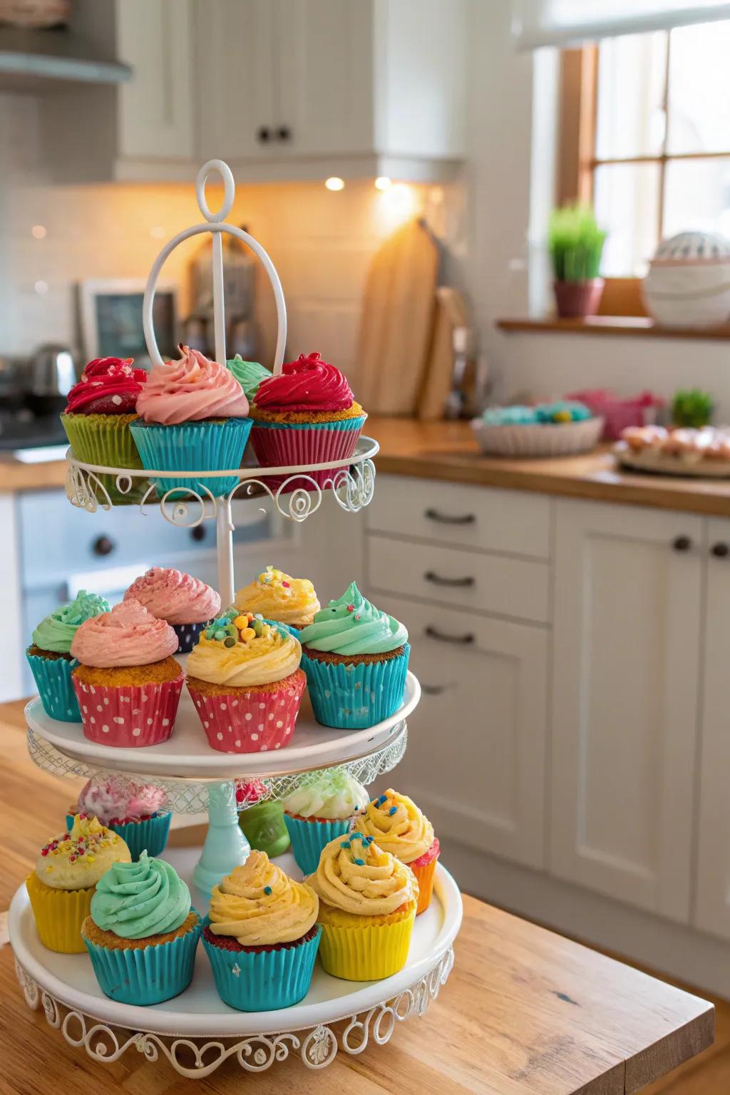 An enchanting cupcake display brimming with delightful treats.