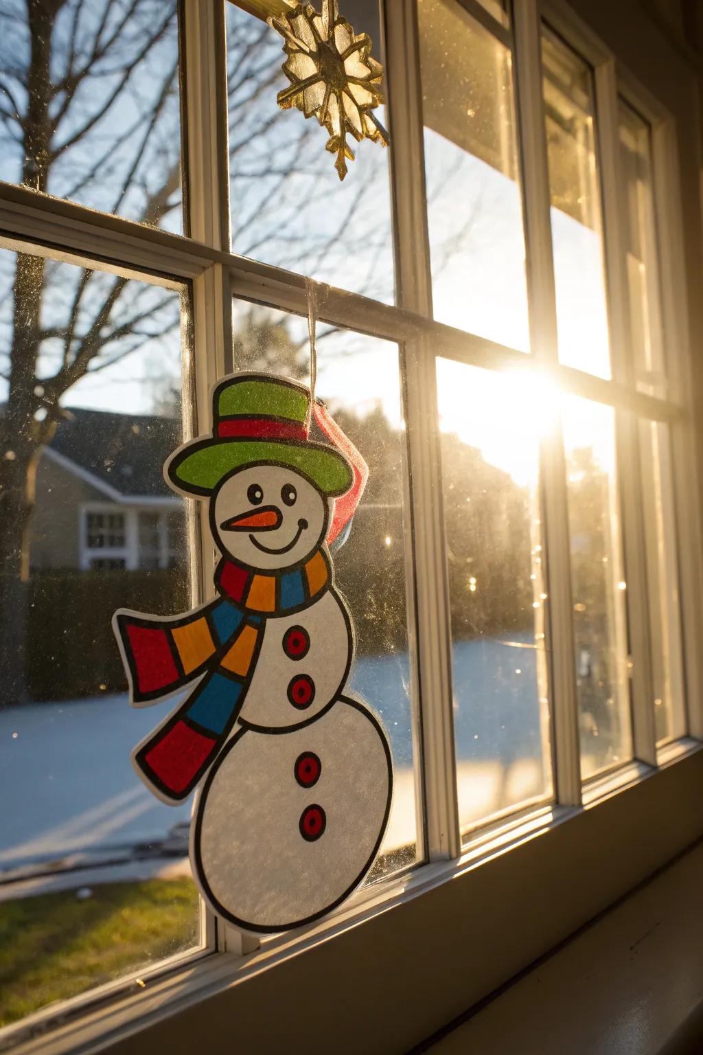 Snowman window clings add a playful touch.