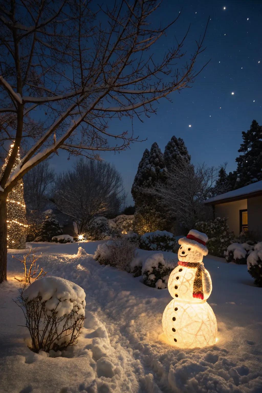A radiant snow figure luminary illuminating the nocturnal hours.