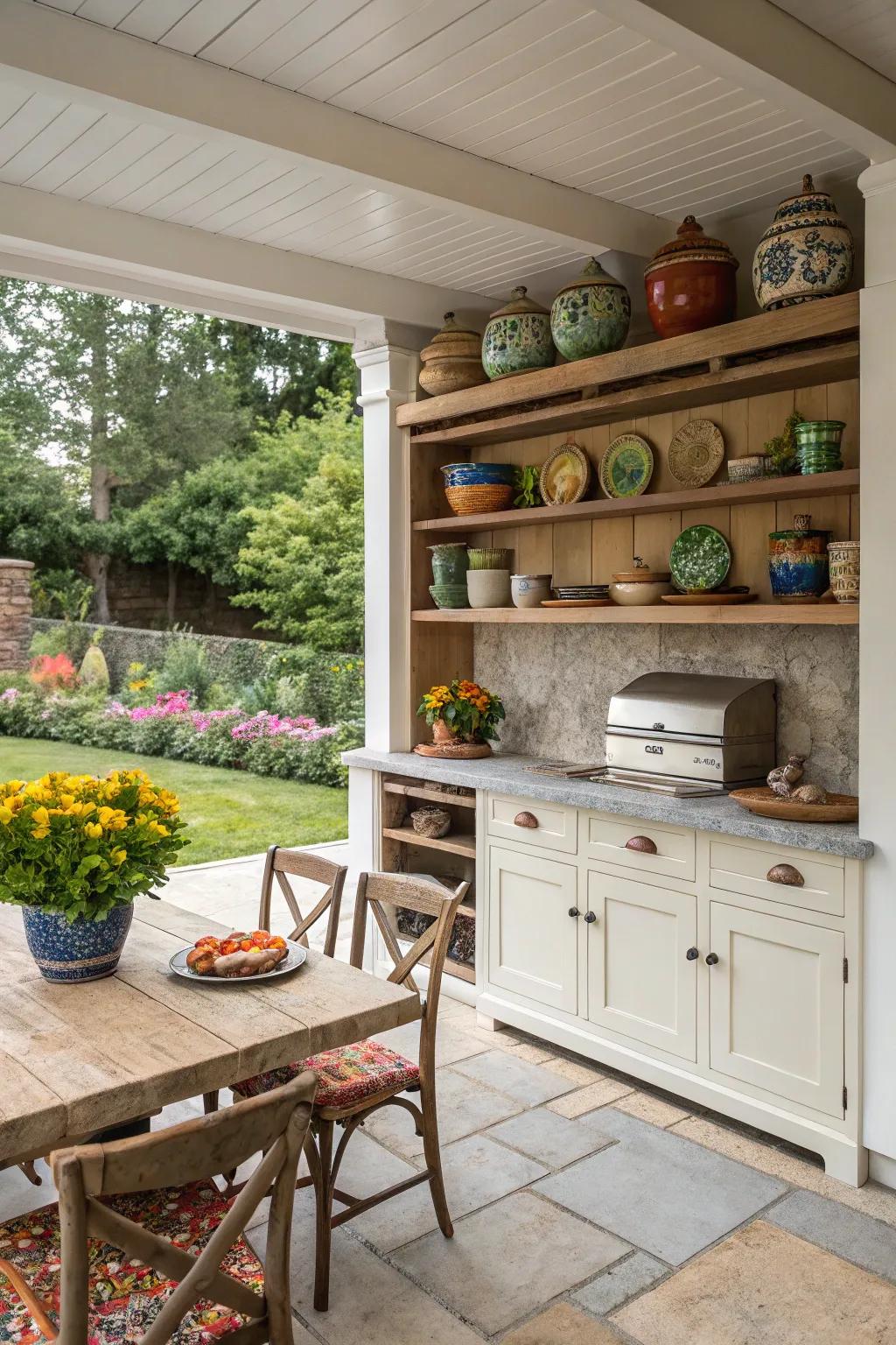 Exposed shelving showcases beautiful pottery and adds functionality to this outdoor kitchen.