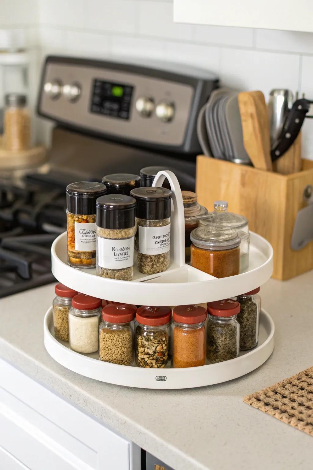 Turntable storage simplifies selecting spices.