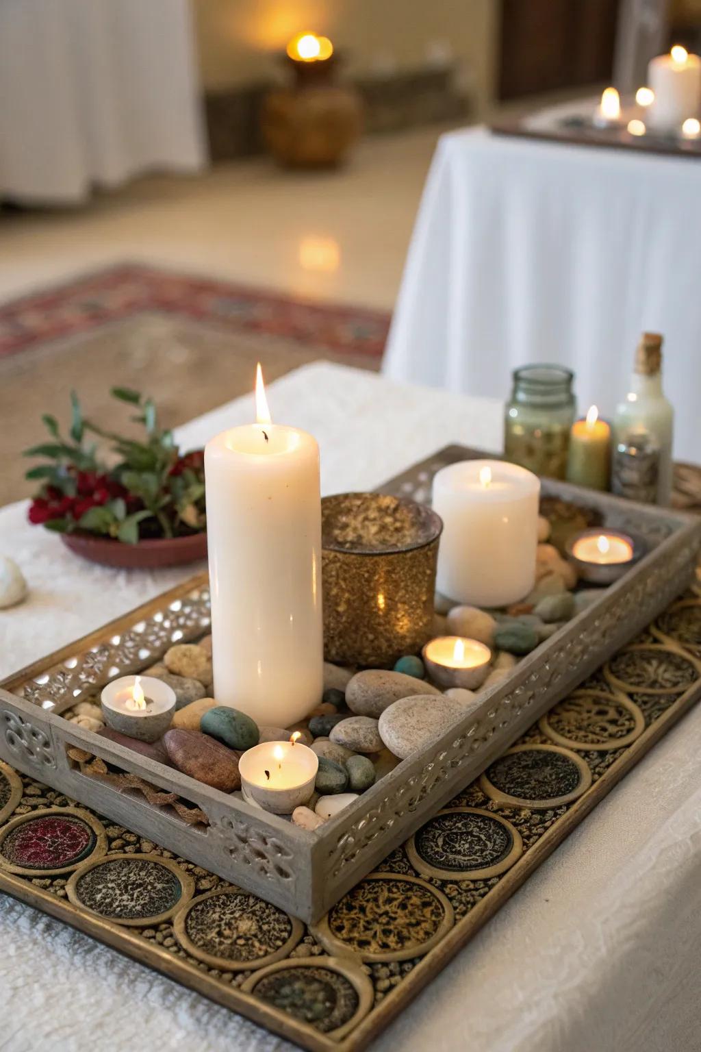 Adapting your setting through a portable altar atop a platter.