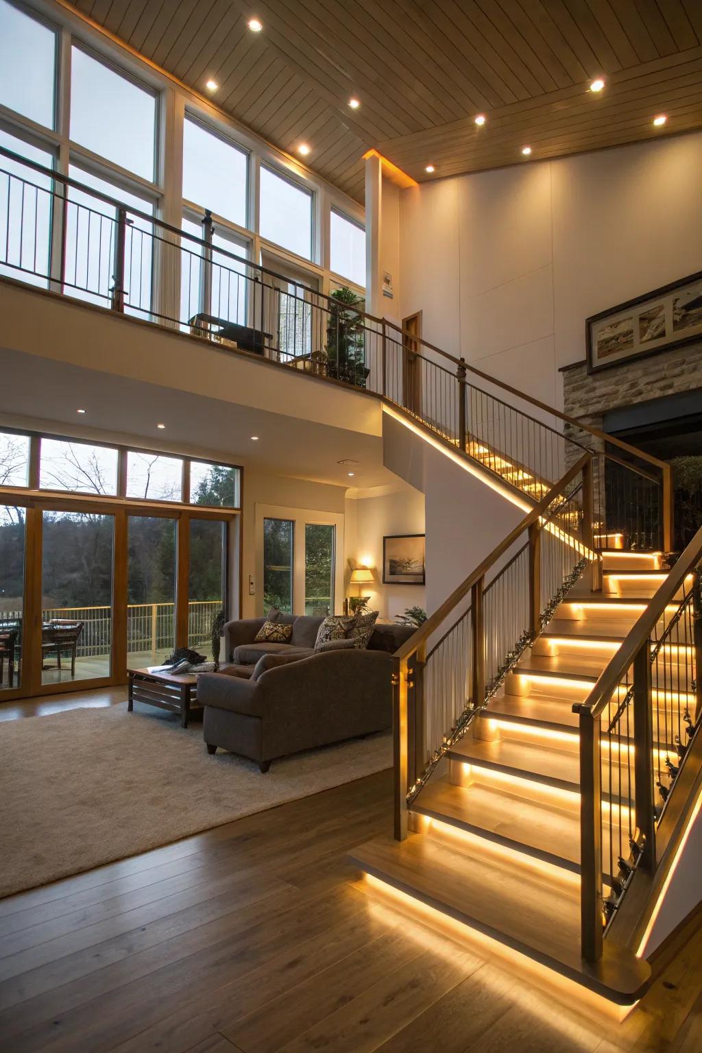 LED-lit railings creating a magical ambiance in a split-level home.