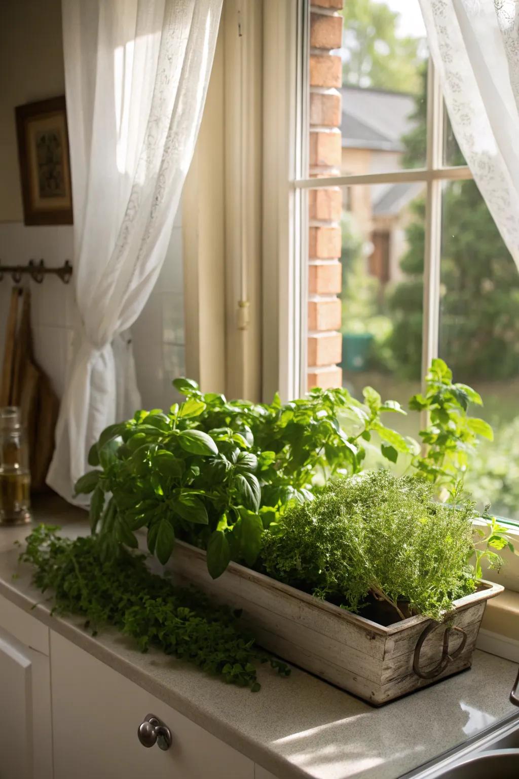 Newly sown herbs within a window enclosure infuse fragrance and verdure into the culinary space.