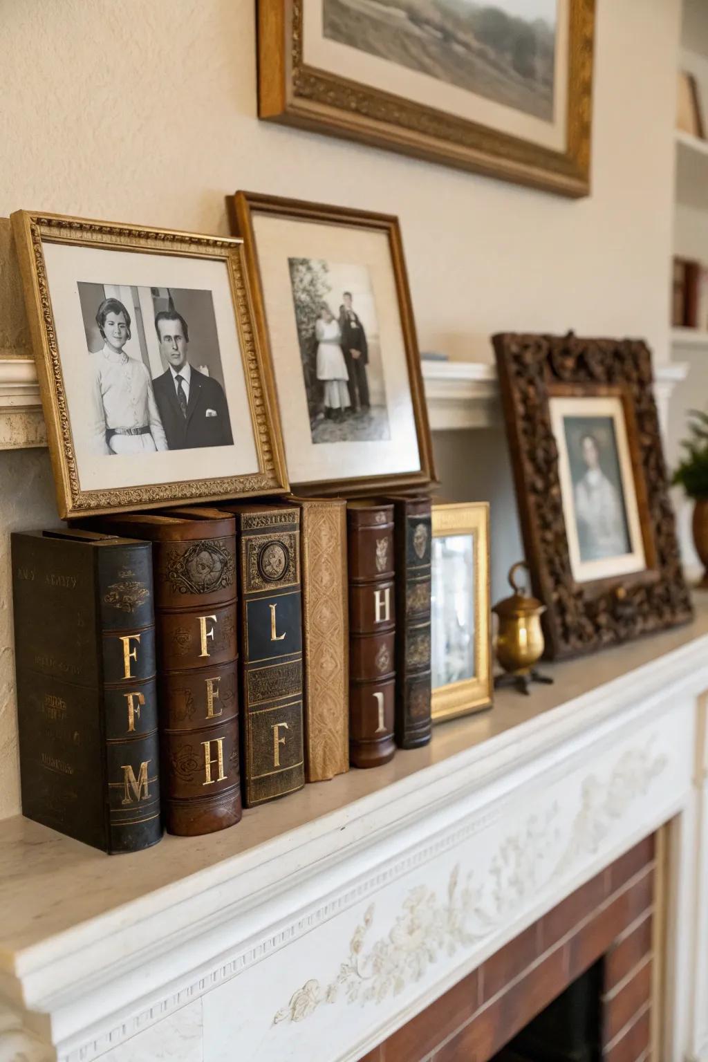 Vintage treasures infusing character and nostalgia into the mantel.