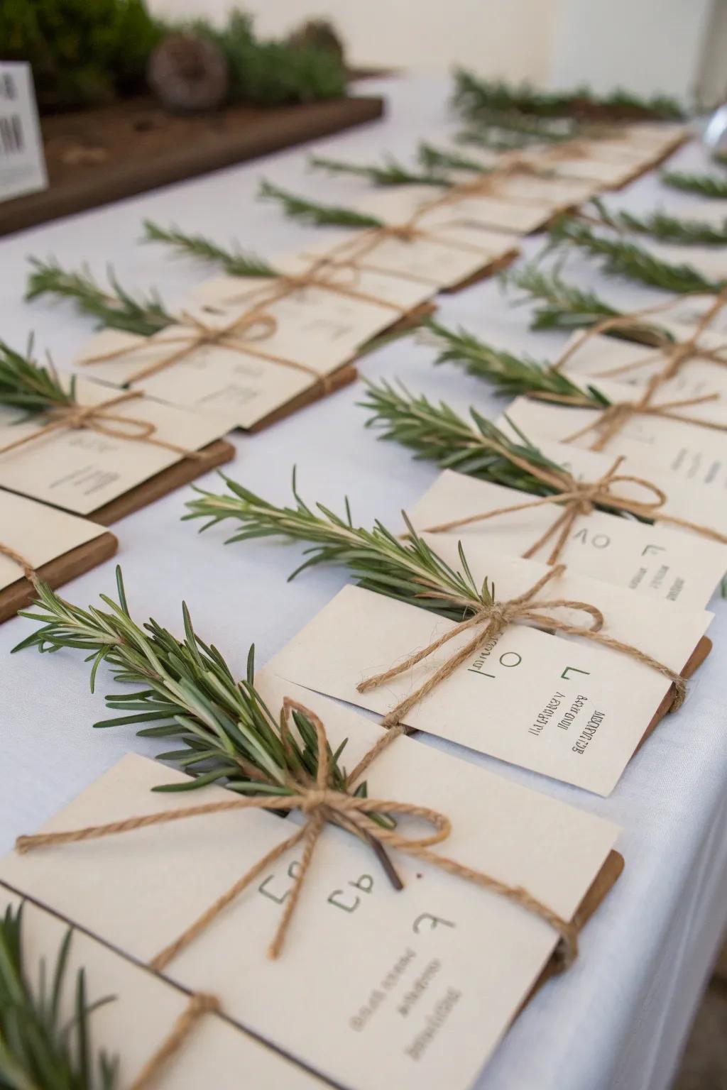 Herb place markers contribute a fragrant and personal accent to the table.