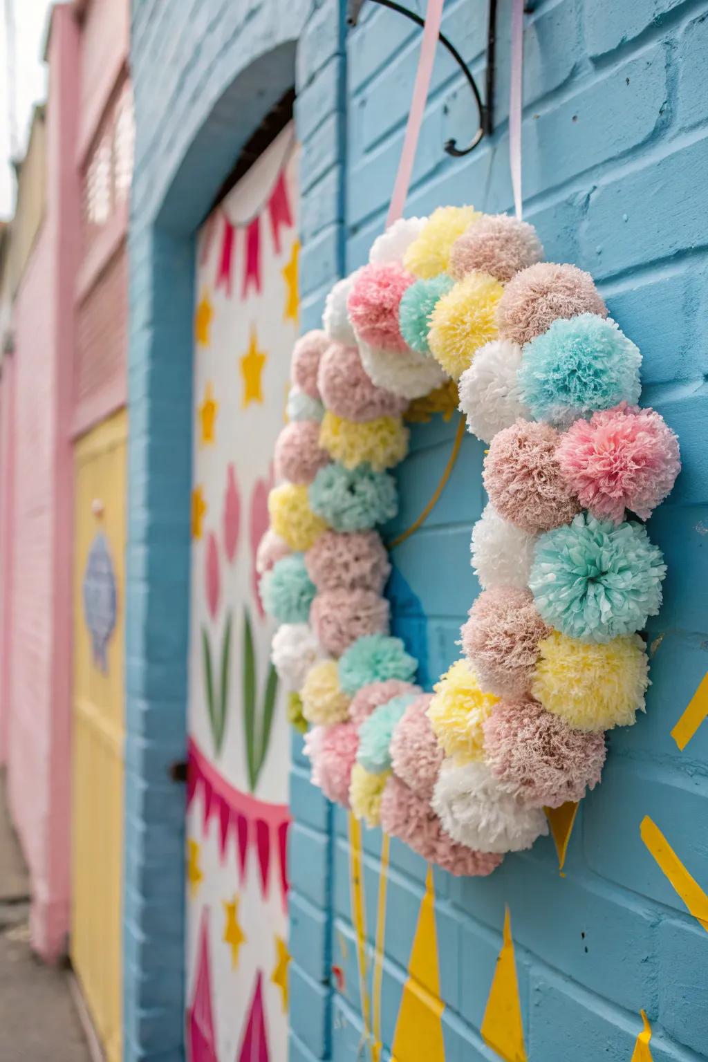 A playful wreath abundant in colorful pom poms for a touch of amusement.