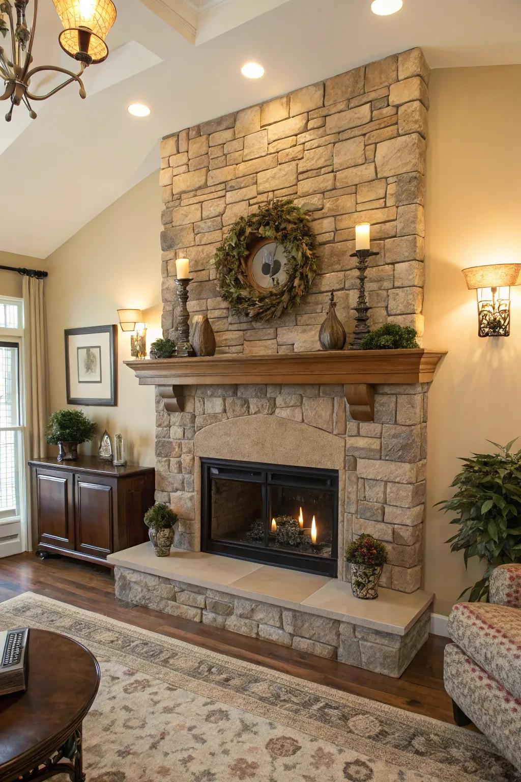 A well-balanced area showcasing a stone fireplace and symmetrical aesthetics enhancing the mantel.