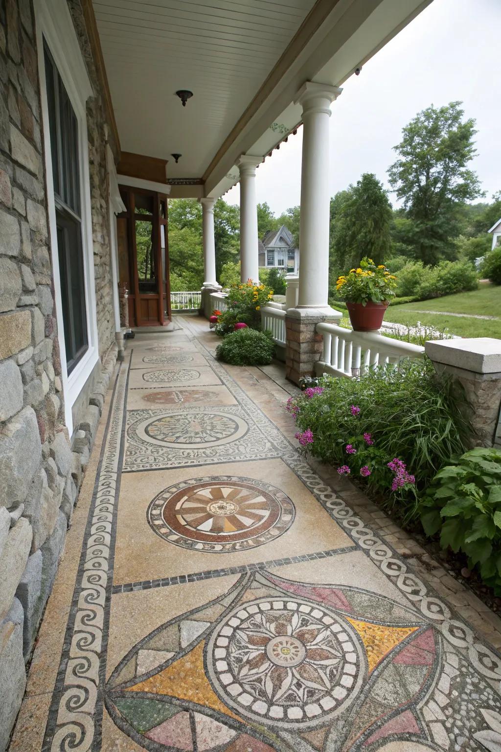 Stone mosaics convey artistic articulation to the porch.