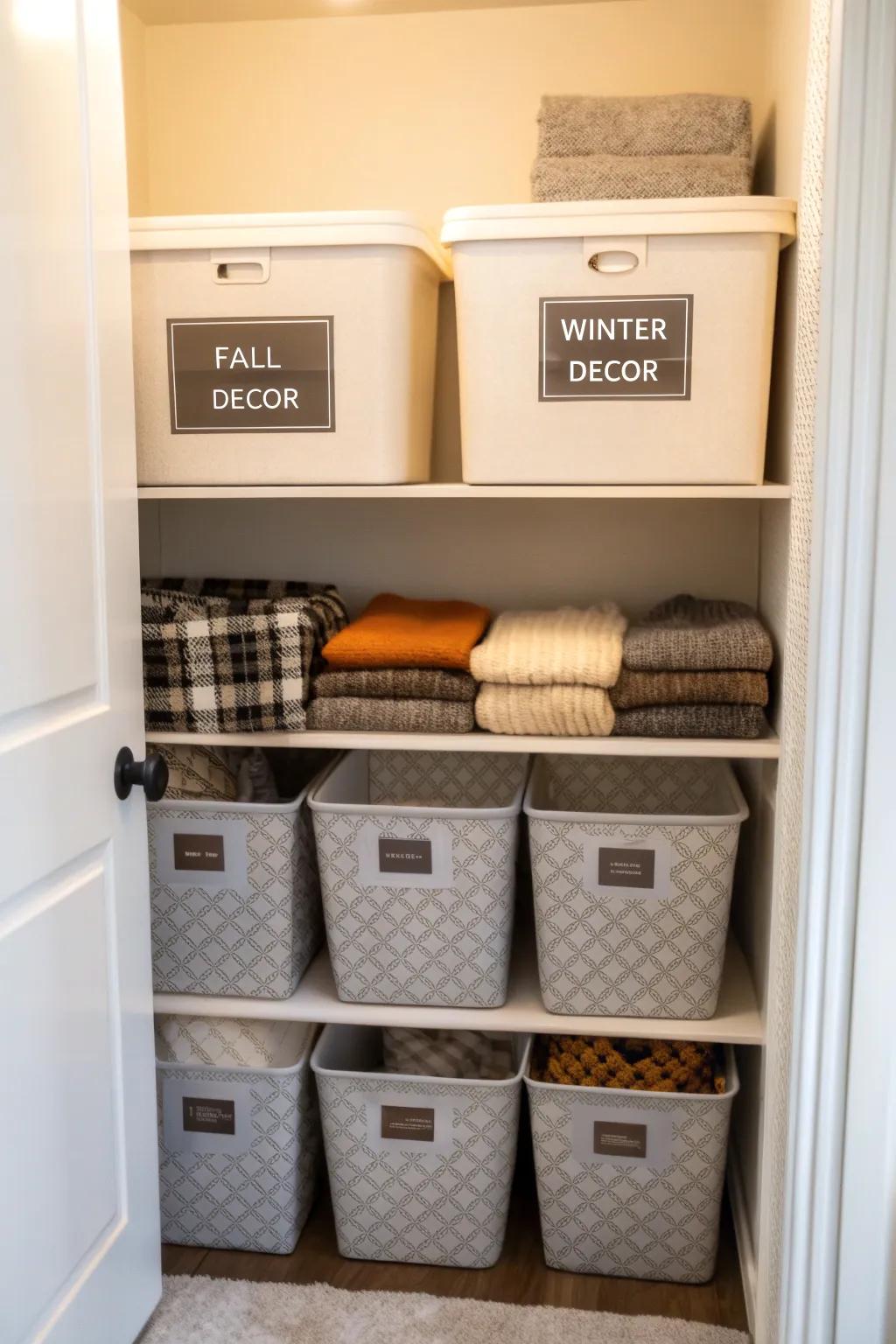 Labeled bins simplify seasonal decor swaps.