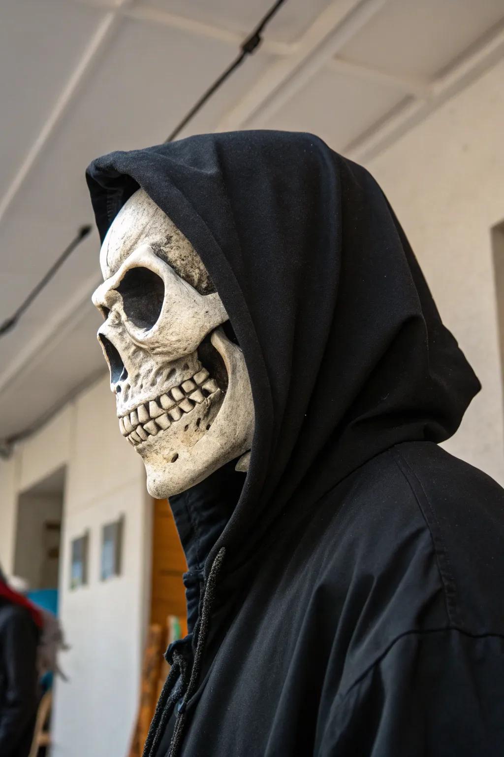 A skeletal head that appears to have just surfaced from the shadows.