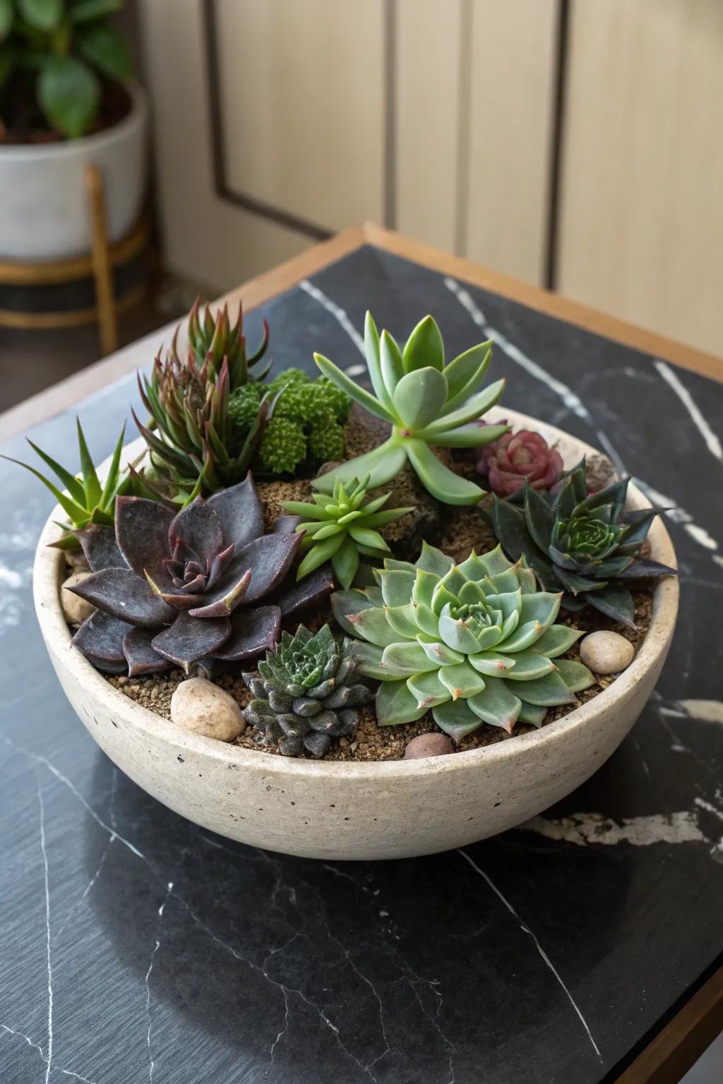 A dramatic succulent garden showcasing contrasting tones.