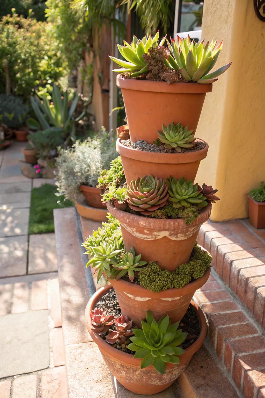 Unglazed earthenware pot towers affix elevation and spectacle to succulent exhibits.