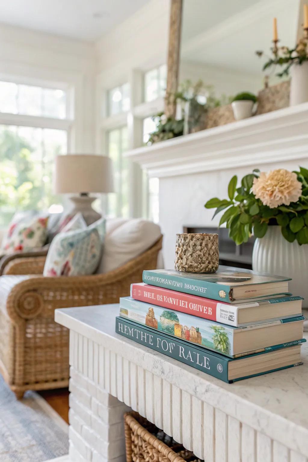 Literary volumes can introduce both verticality and visual intrigue to your summer mantel.