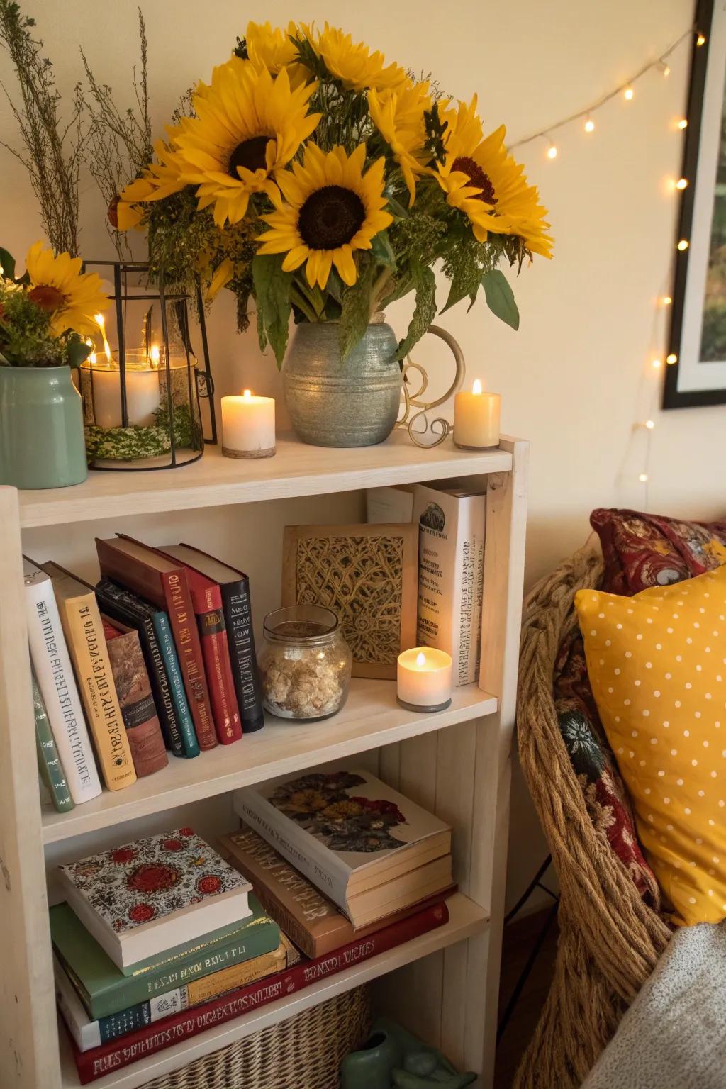 Imbue life into your reading corner with sunflowers showcased on a shelf.