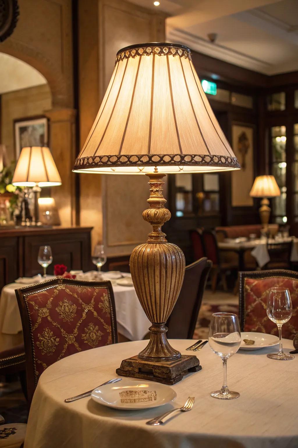 A striking table lamp introduces drama to a dining setting.