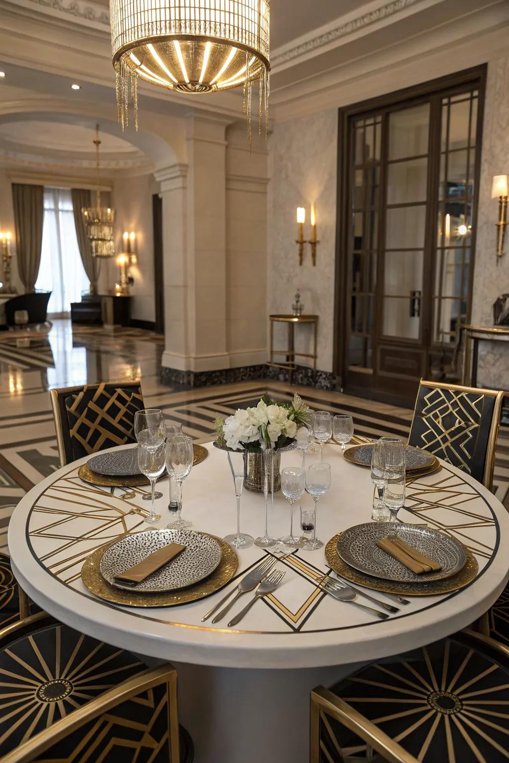 An Art Deco table arrangement featuring geometric motifs and metallic accents.