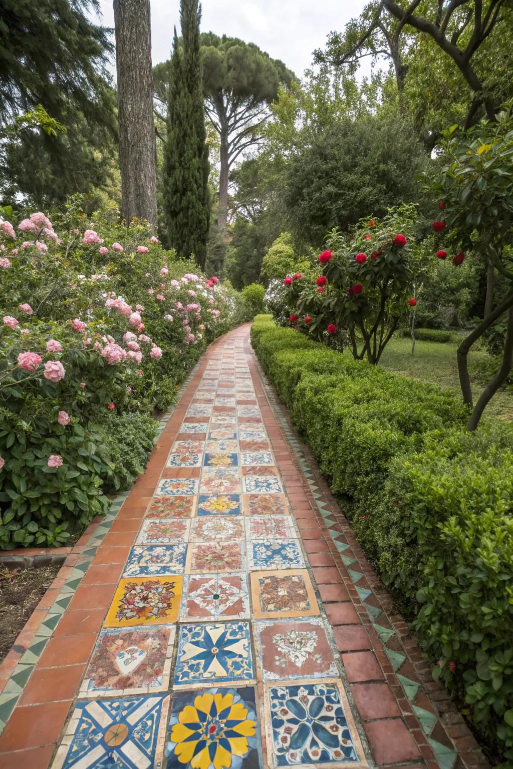 Contribute whimsy to your garden with an Artisan Motif-tiled pathway.