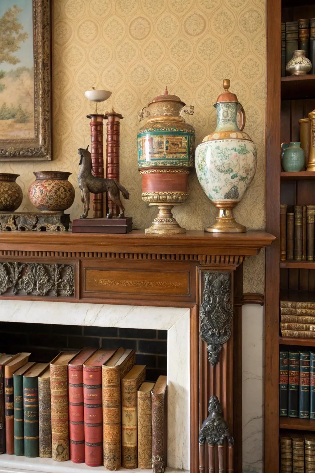 An elevated mantel showcasing vintage ornamentation for imparted character.