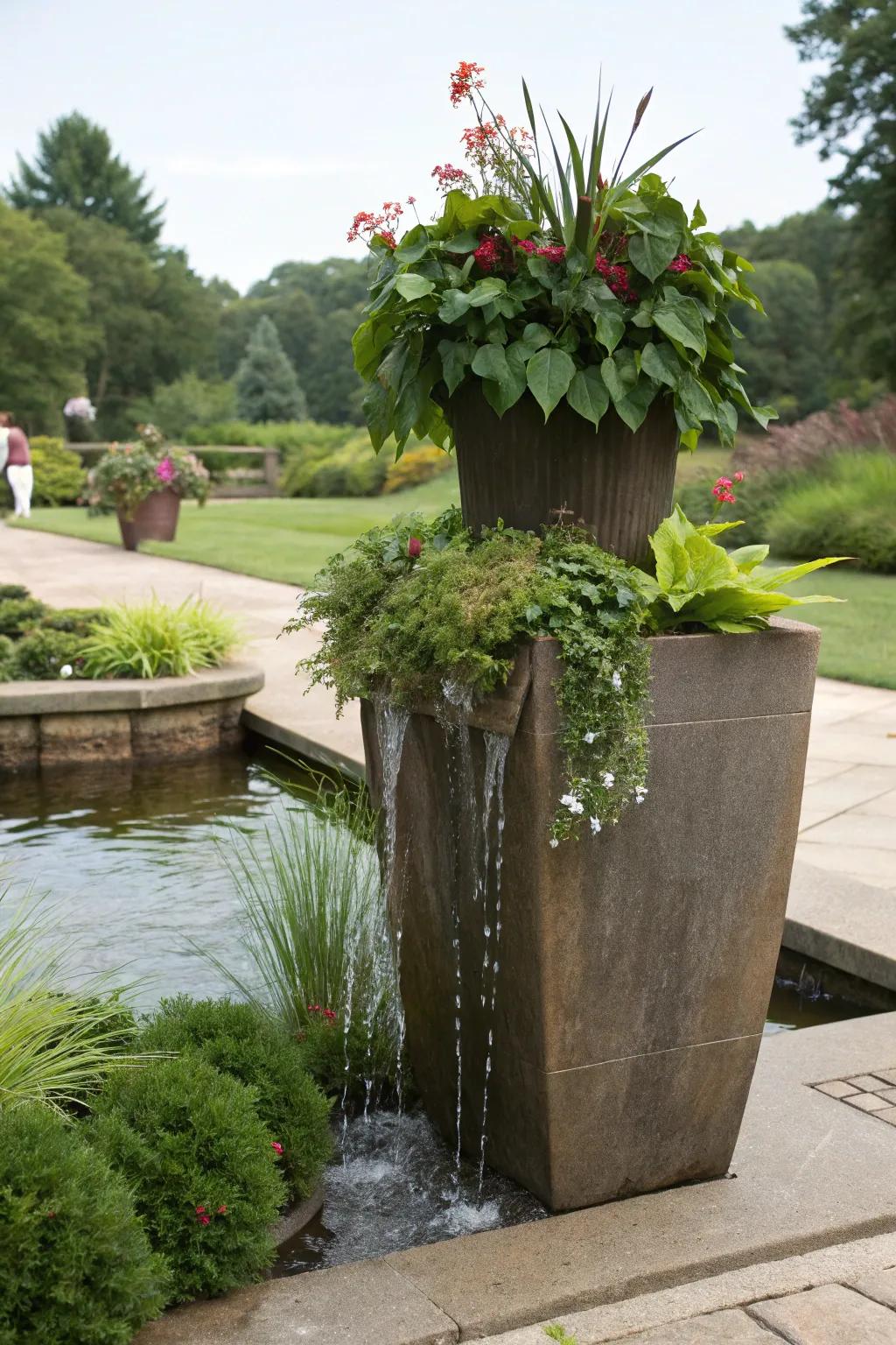 Introduce tranquility to your area with planters showcasing water elements.