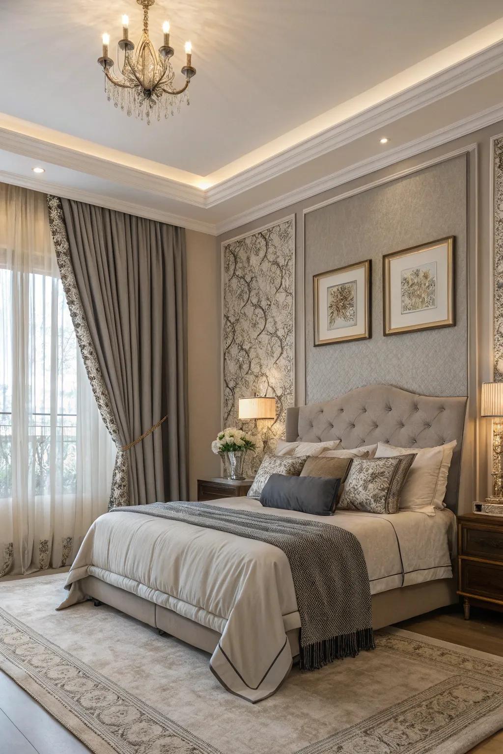 Greige and grey drapes framing the windows.