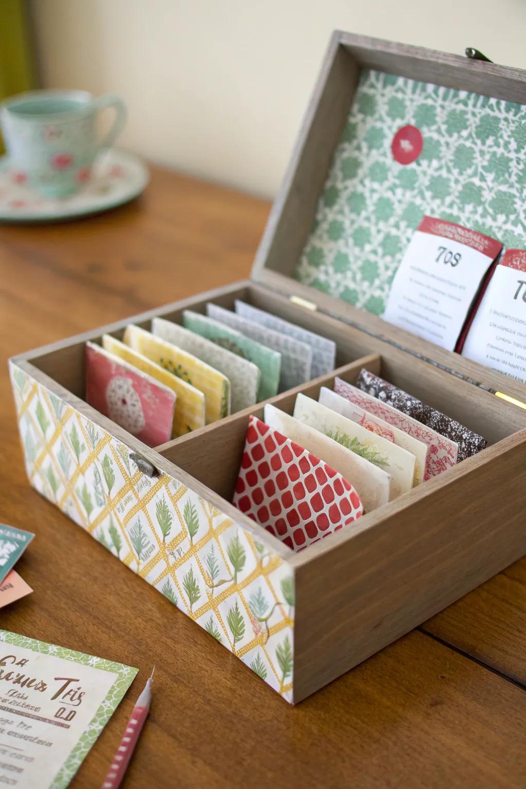 A bespoke tea box featuring a personalized design.