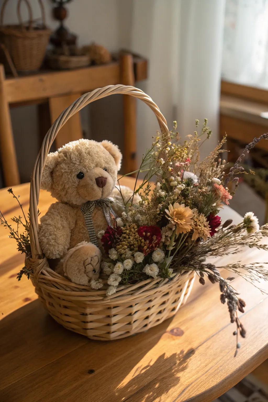 A nature-inspired basket featuring a stuffed bear and dried flowers.