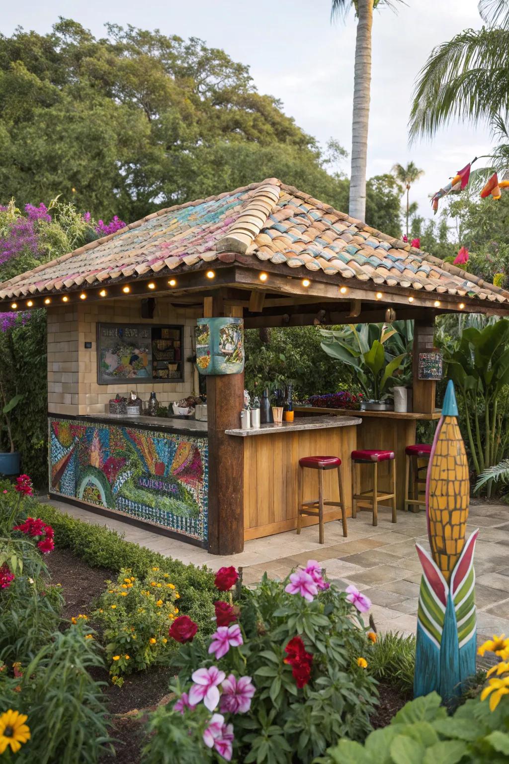 Tile mosaics append coloration and artistic panache to your tiki bar.