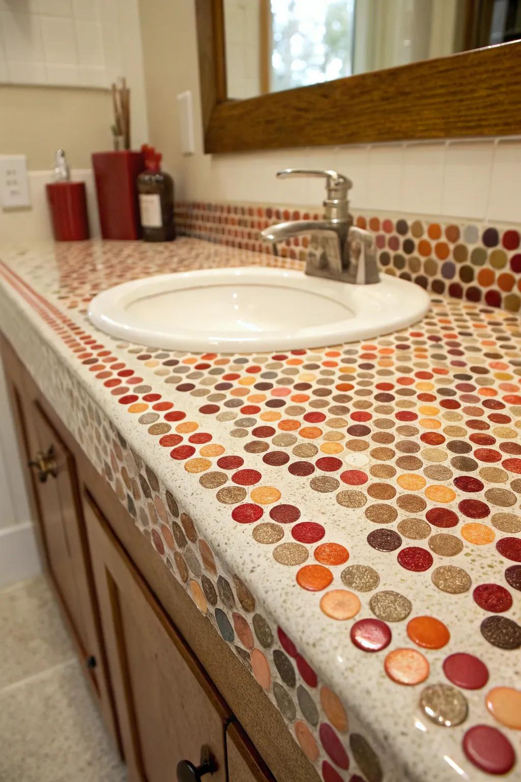 Penny tiles contribute playful texture to diminutive areas.