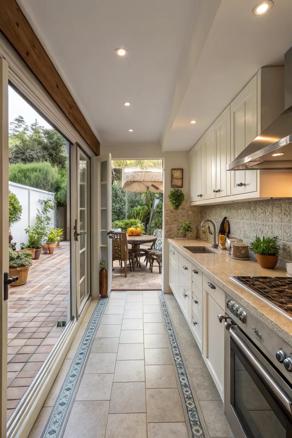 Tiled countertops seamlessly intermingle internal and external zones.