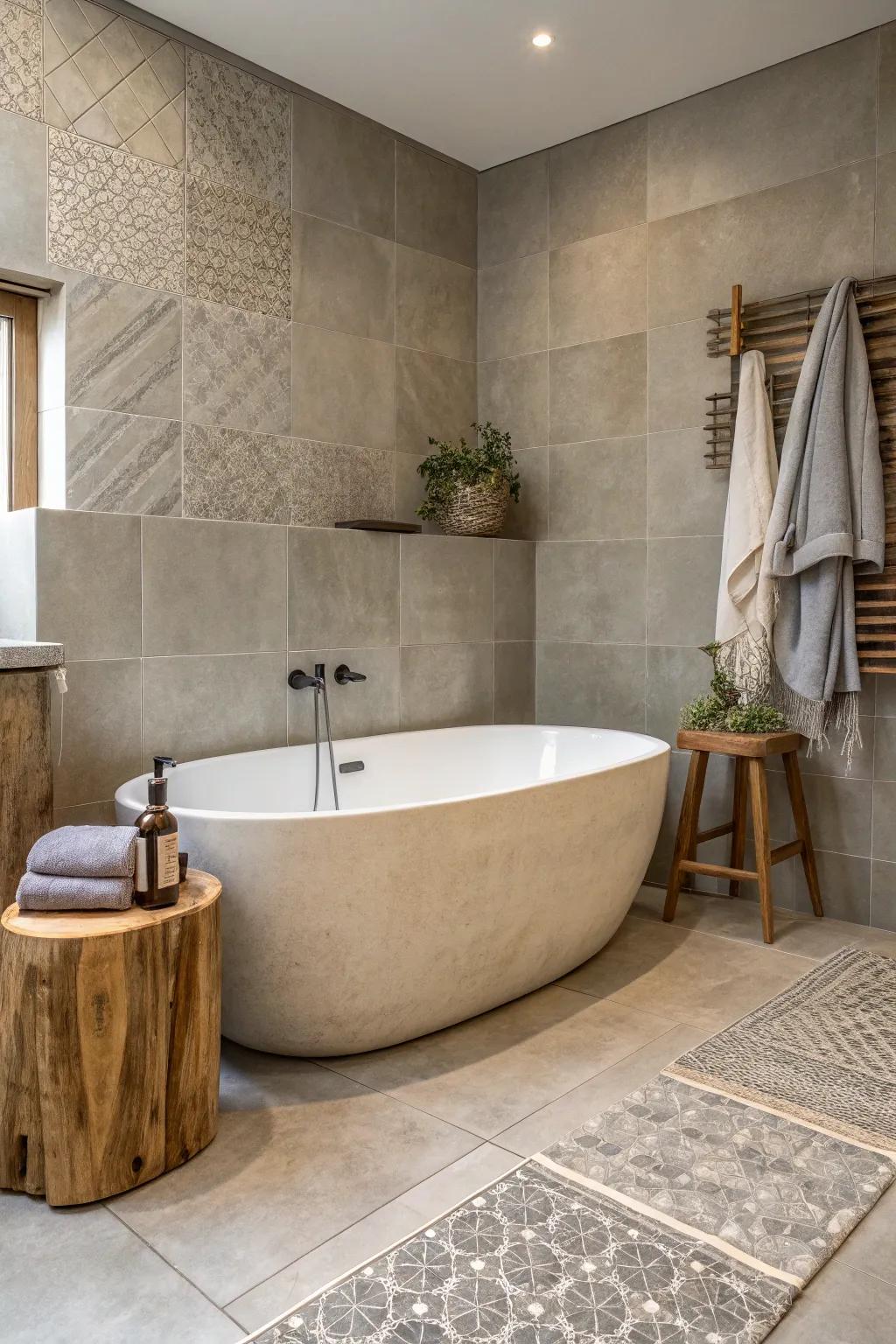 Elevate your bathroom through chic stone-likeness surfaces for a stylish urban charm.