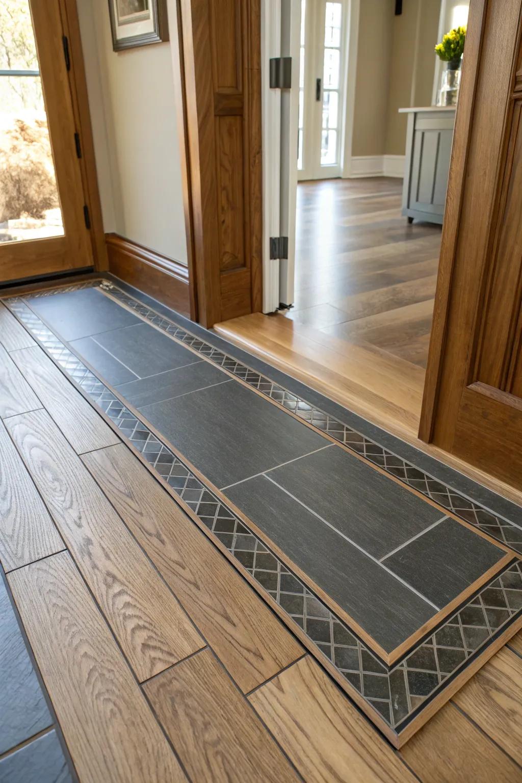 Layered inlays fashion a welcoming transition between ceramic and timber surfaces.