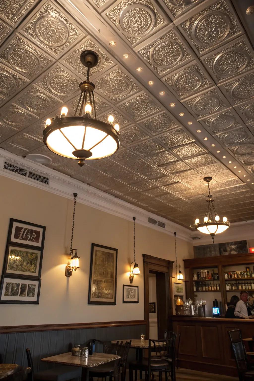 Layered lighting enhances tin ceiling beauty.