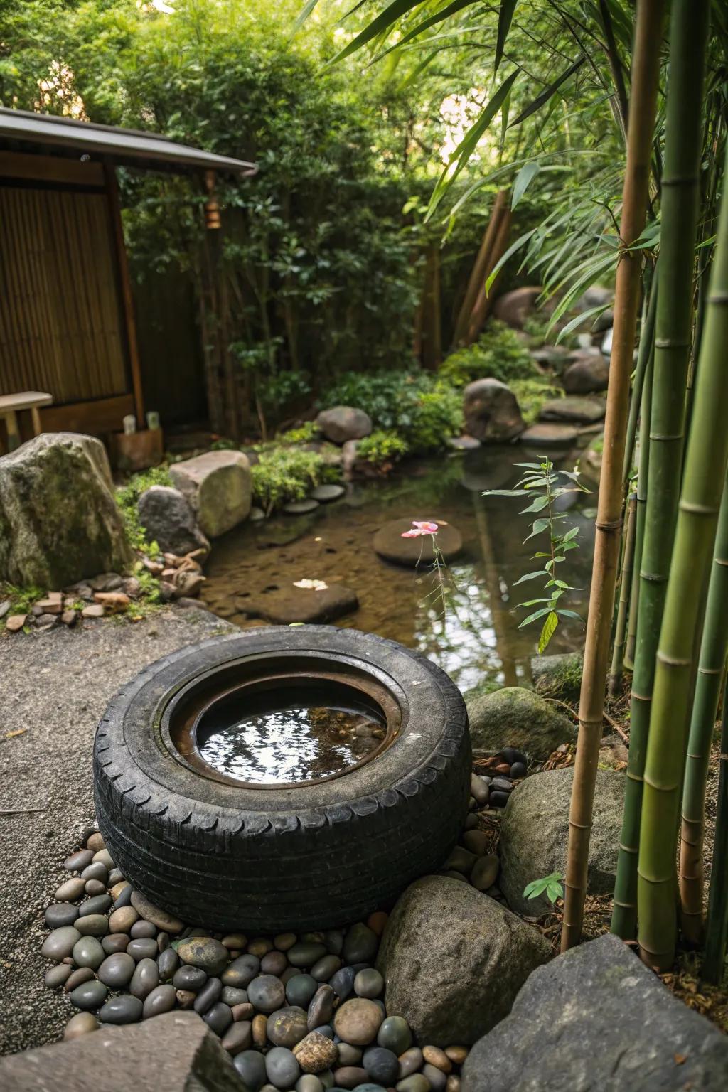 A Japanese Zen-inspired tire pond for a tranquil retreat.