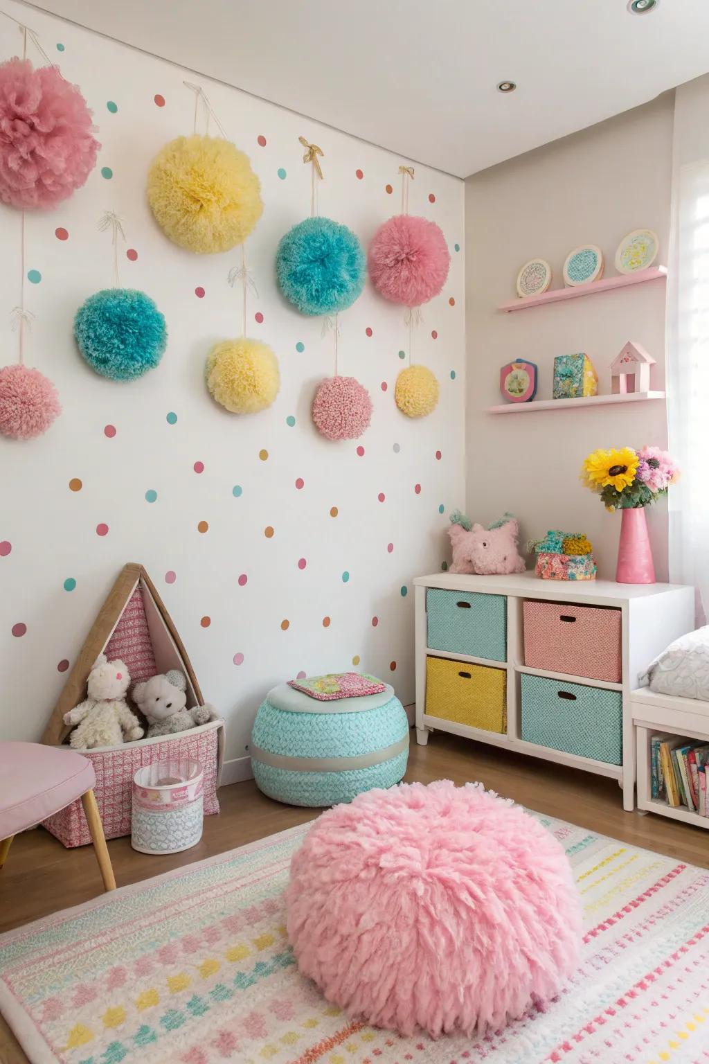 Pom wall danglings include a fanciful and textured element to the area.