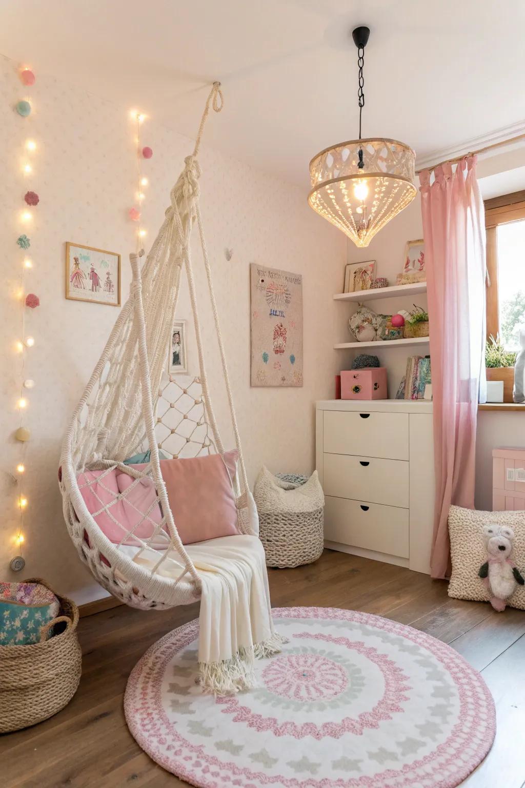 A dangling perch proffers playful seating.