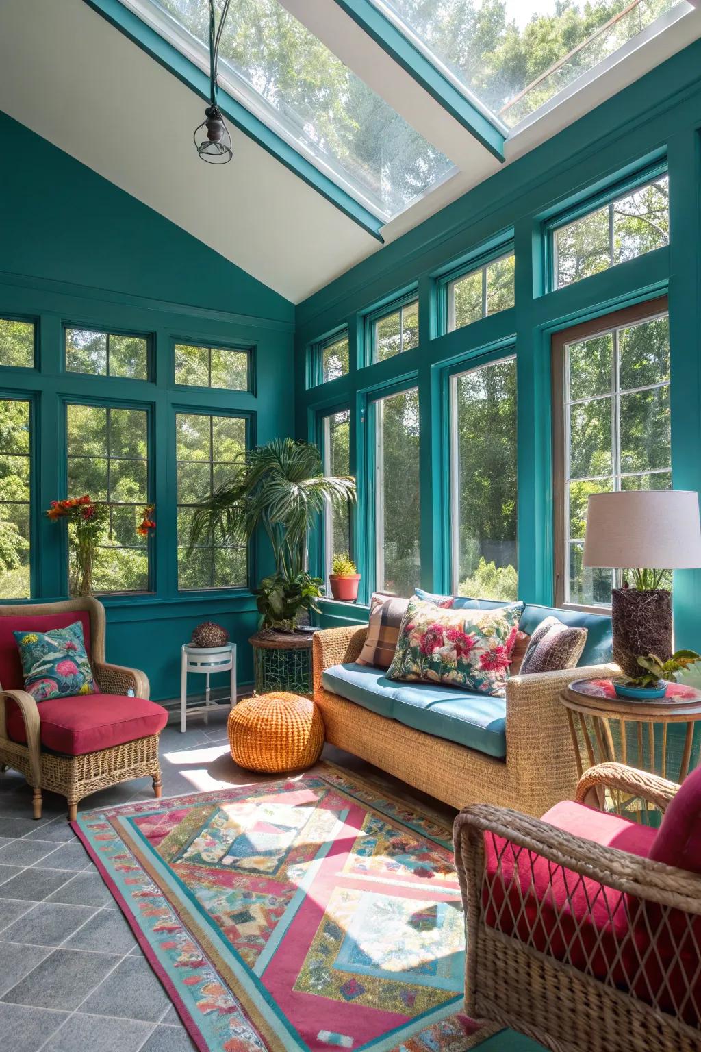 Audacious cyan walls lending the sunroom a revitalizing and vibrant appearance.