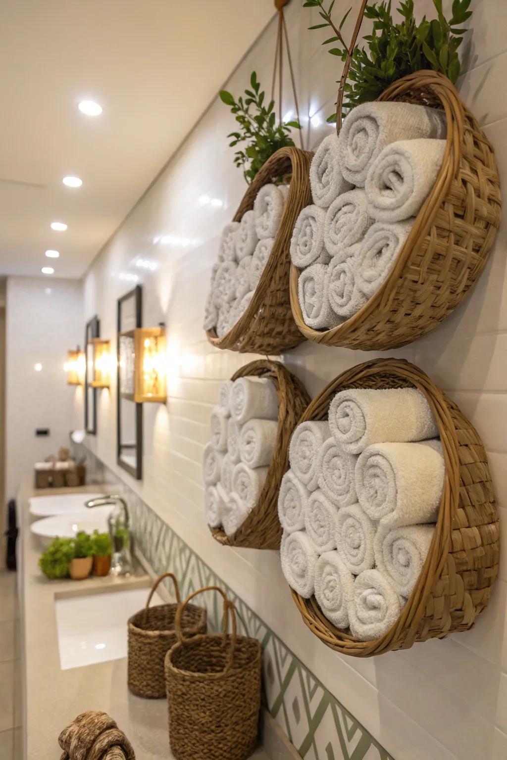 Enhance storage with hanging baskets that add texture and visual interest to your bathroom.