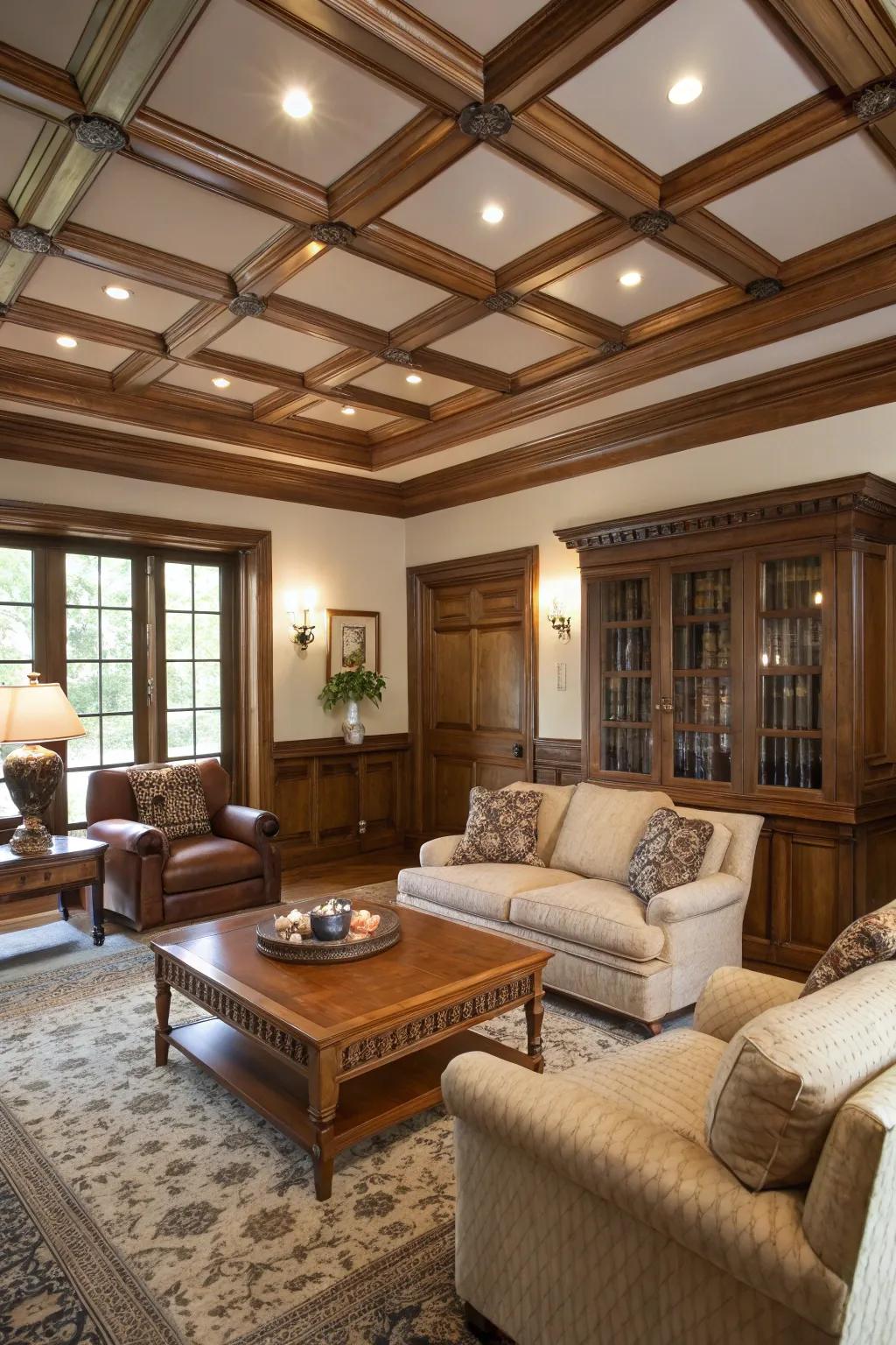 Coffered ceilings add sophistication to this classic living room.