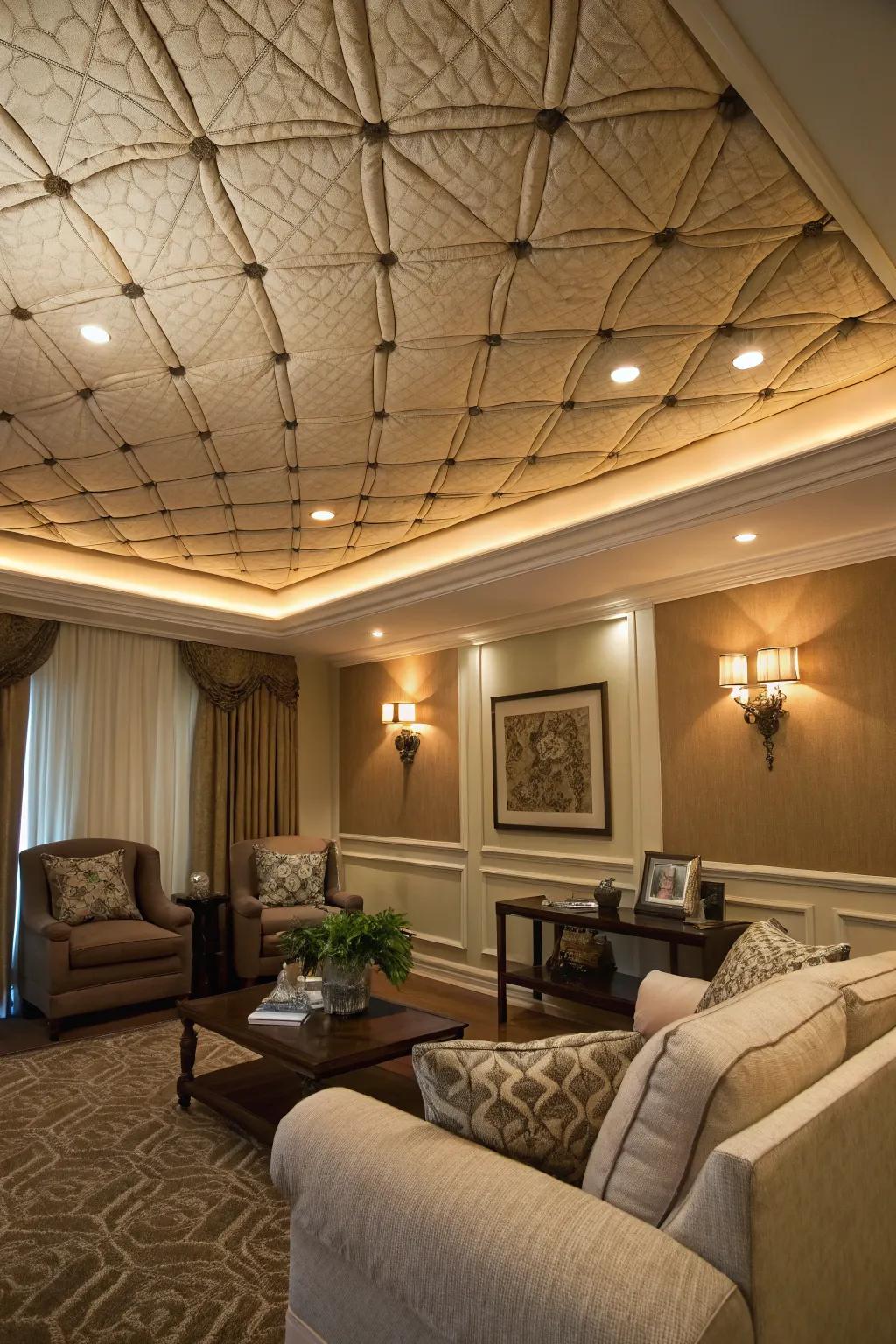 A snug room showcases a tray ceiling padded with textile.