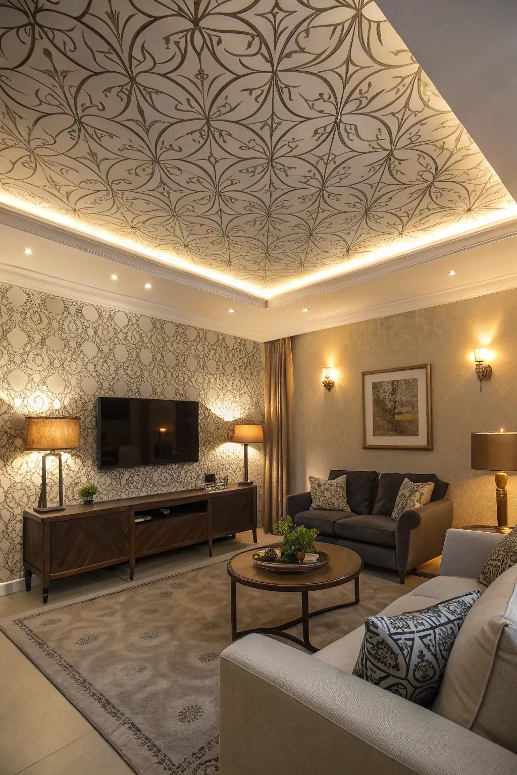 A stylish living space features a uniquely wallpapered tray ceiling.