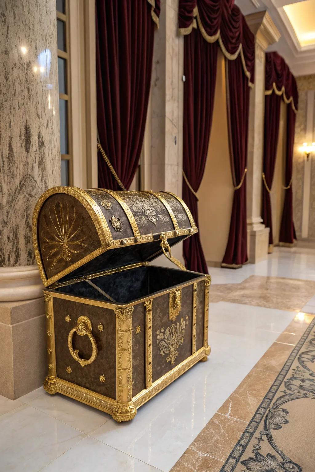 Gilded inflections impart a dash of glamour to your treasure chest.