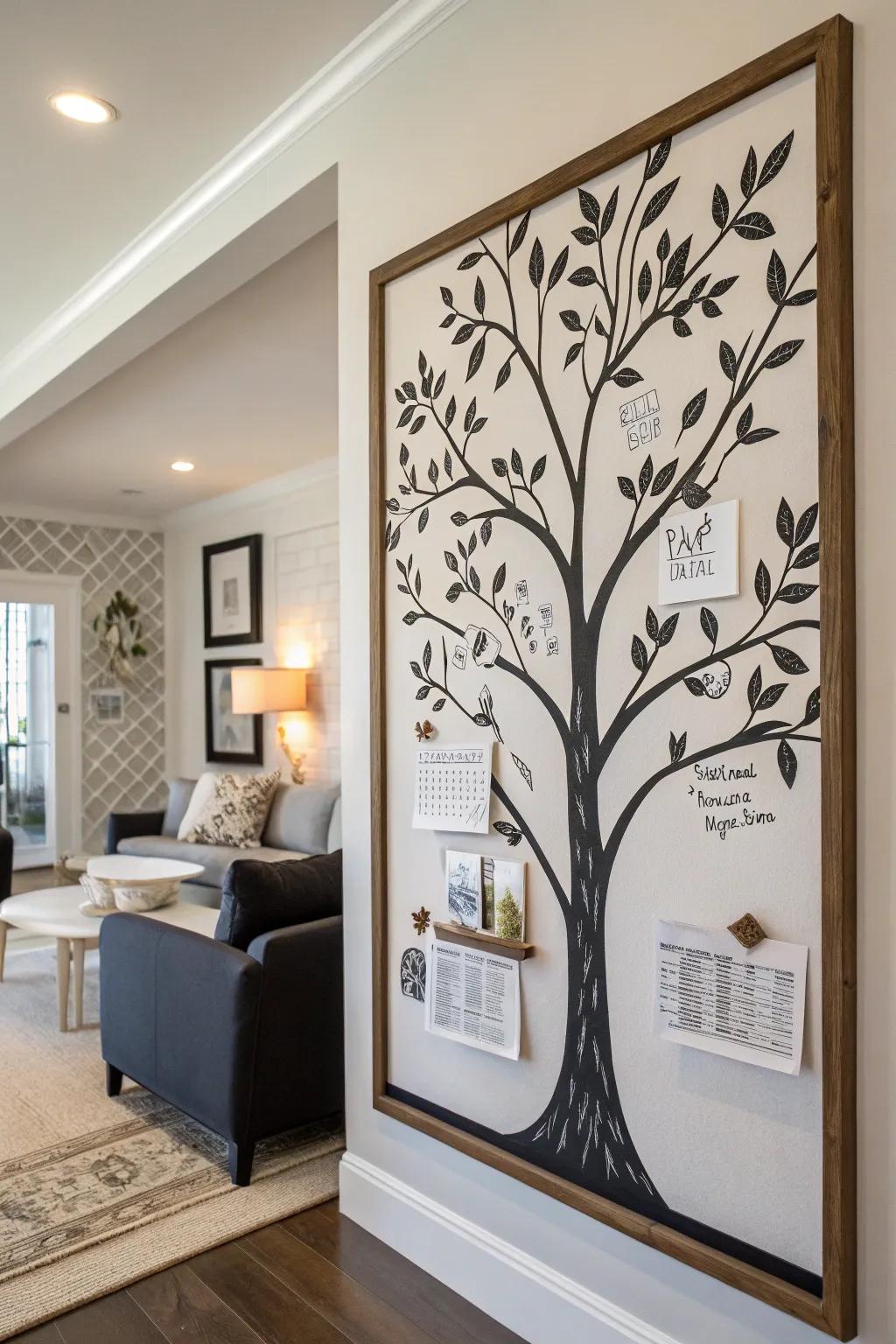 A black and white tree bulletin board with minimalist elegance.