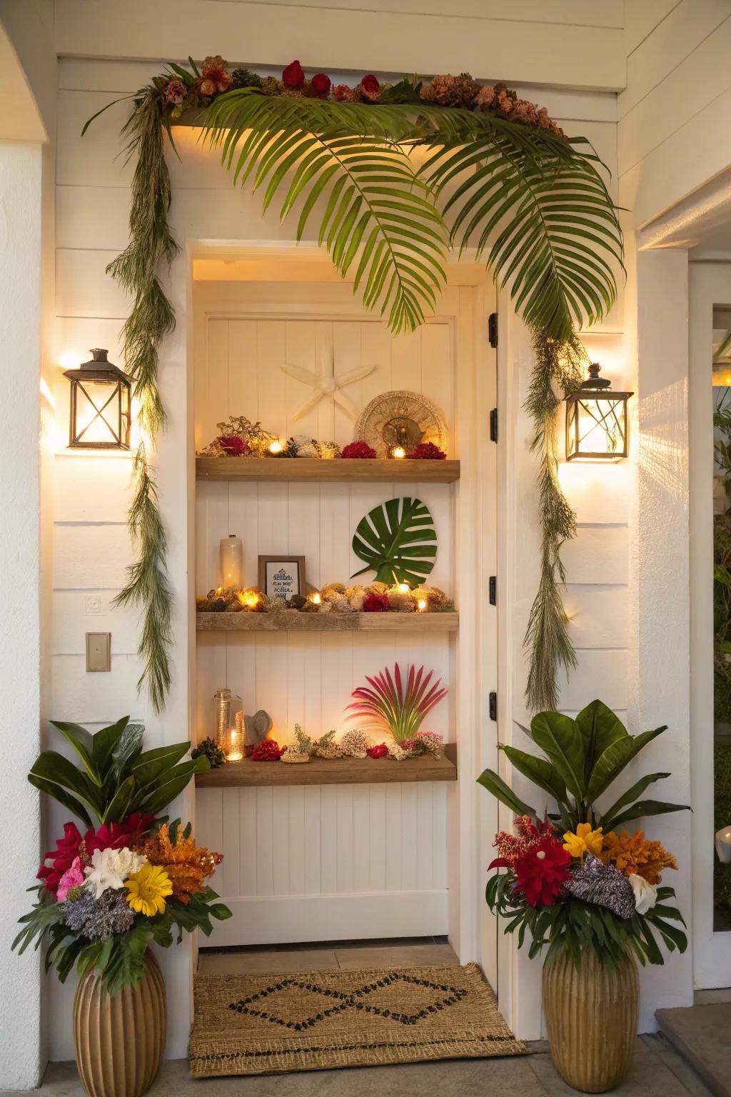Floating ledges showcase tropical decor and keepsakes in the entryway.