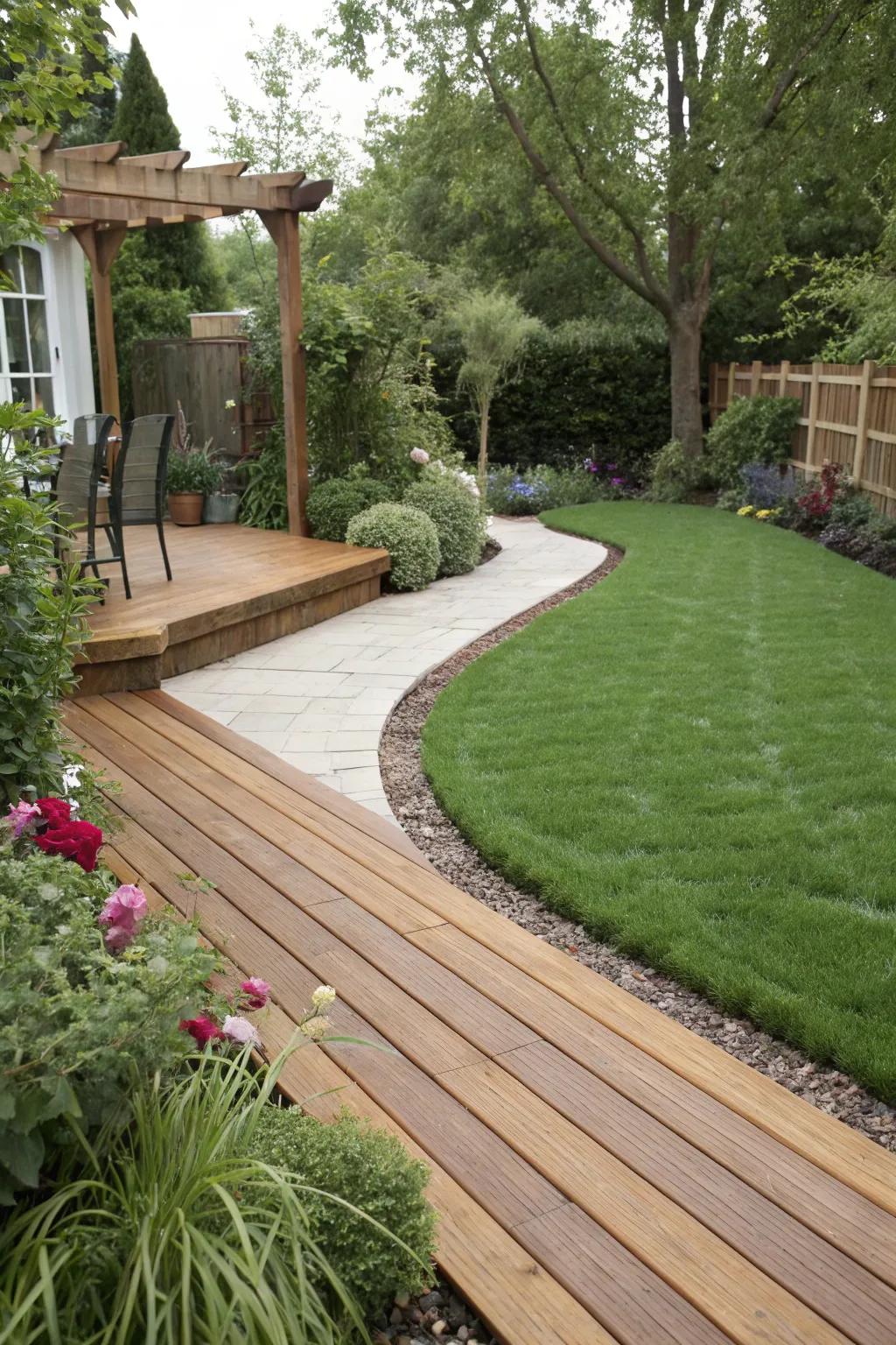 A deck deadened via synthetic lawn margins.