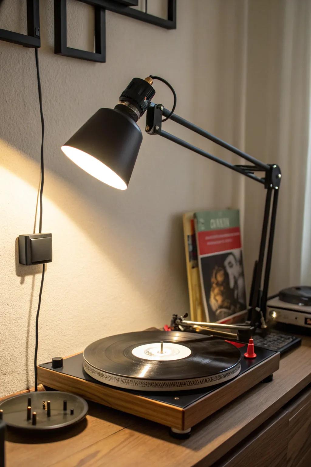 A swivel arm lamp offering adaptable lighting for a turntable.