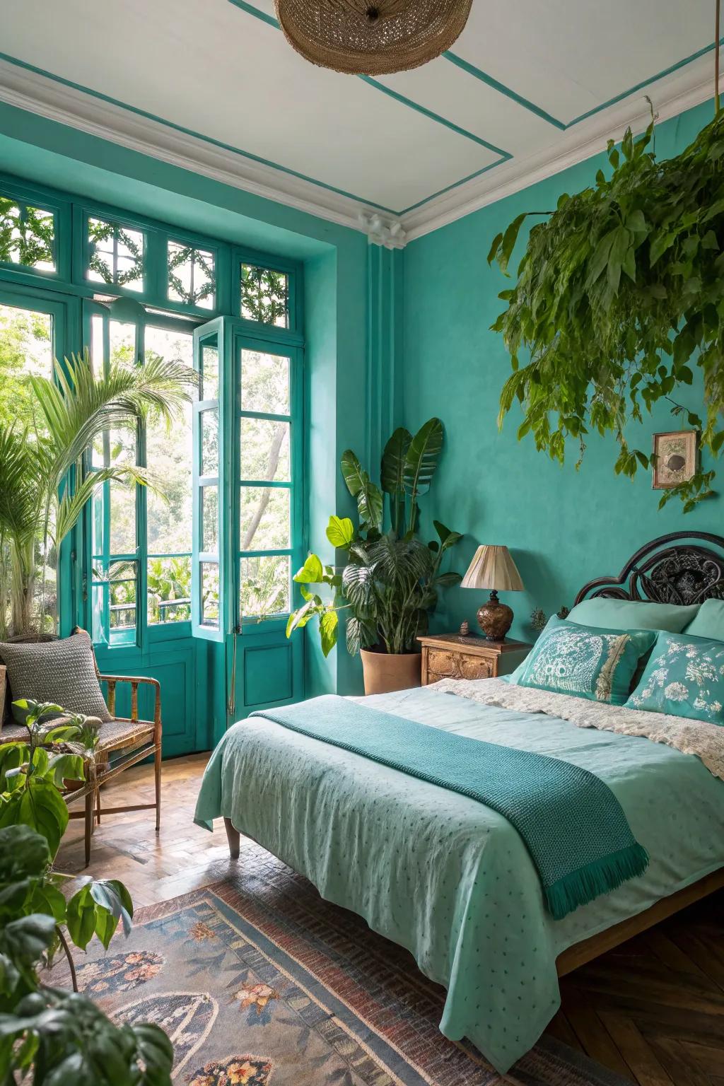 The adjoinment of azure and verdure conveys a lush, vibrant impression conveyed by this bedroom.