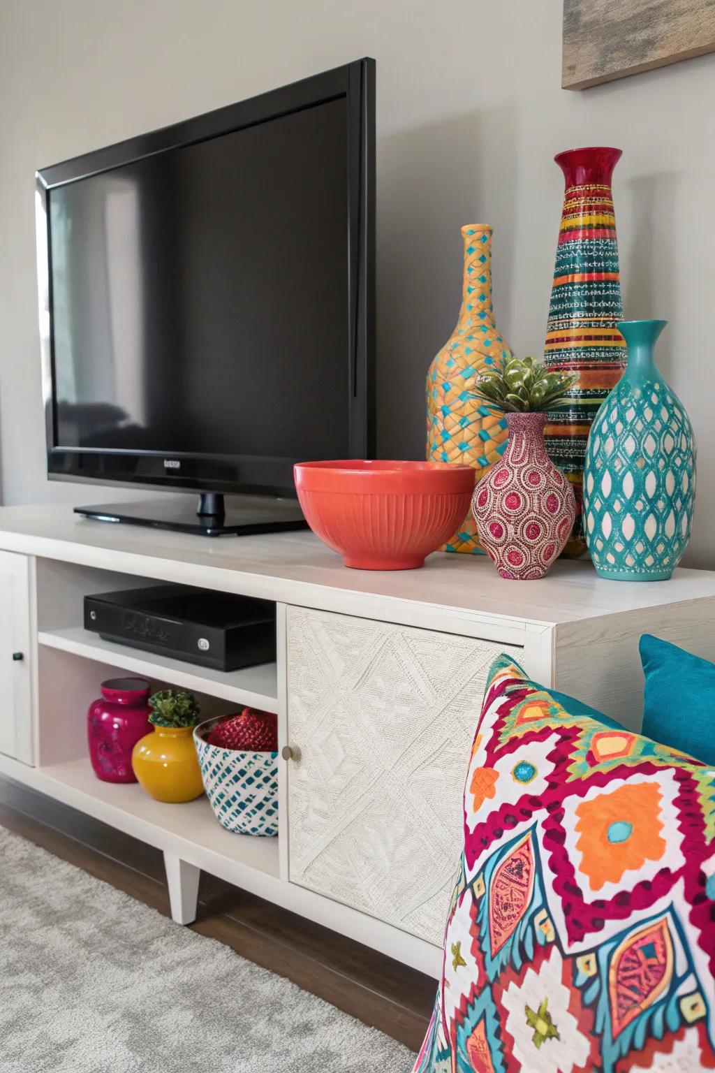 Daring décor elements adding an accent of hues to a media console.