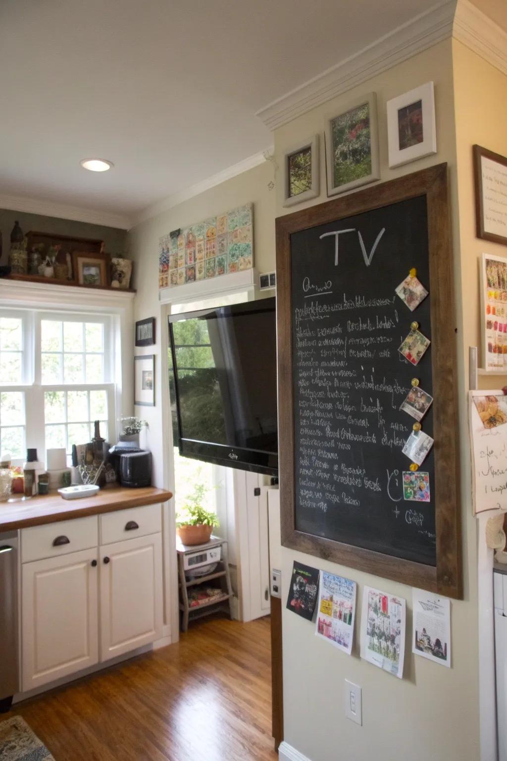 A chalkboard-framed display in the cooking area, adding functionality and creativity.
