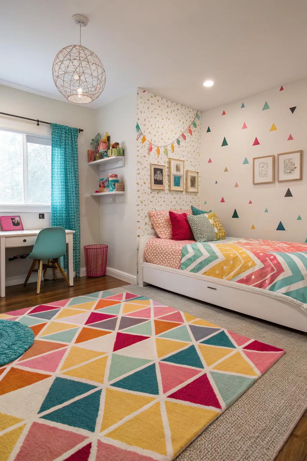 Geometrical blueprints append a contemporary edge to any tween boudoir.